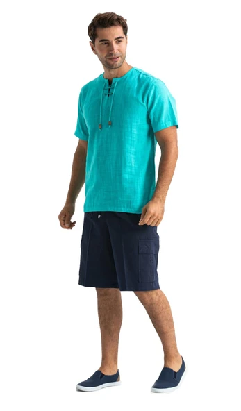 Kısa Kol Şile Bezi Zımbalı Erkek Yazlık Tshirt Turkuaz 3054 - 6