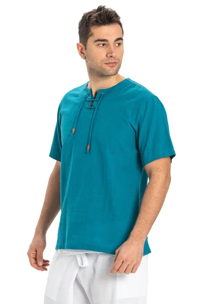 Kısa Kol Şile Bezi Zımbalı Erkek Yazlık Tshirt Petrol 3053 - 6