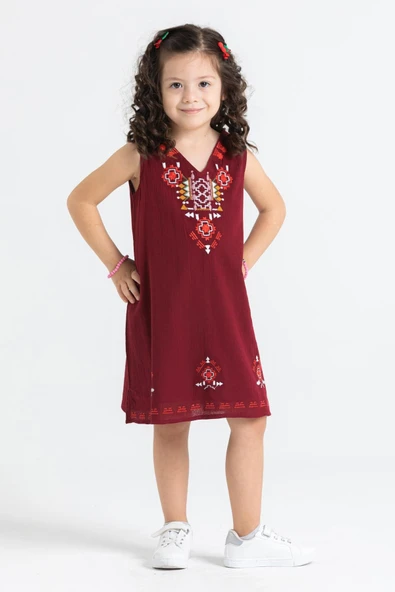 Gökçe Şile Bezi Kız Çocuk Yazlık Elbise Bordo Brd 2-3 Yaş Bordo - 4