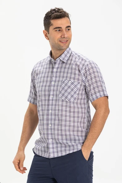 Kısa Kol Şile Bezi Tek Cepli Erkek Yazlık Gömlek Mor Kareli 3035 - 3