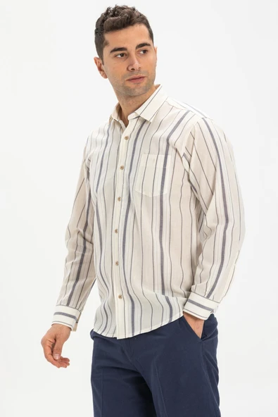 Uzun Kol Şile Bezi Tek Cepli Erkek Yazlık Gömlek Ekru Gri Çizgili 3028 ürün görseli