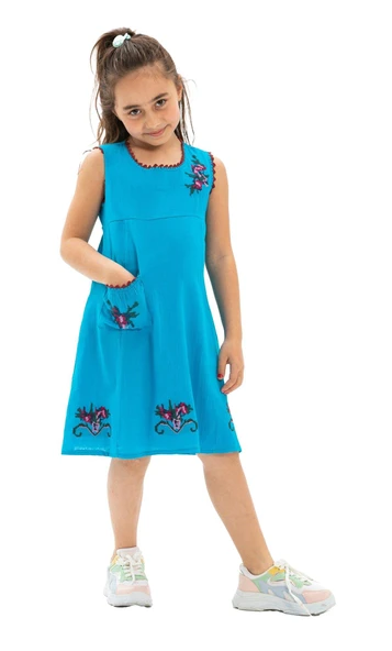Burçak Şile Bezi Kız Çocuk Yazlık Elbise Turkuaz Trkz - Resim 5