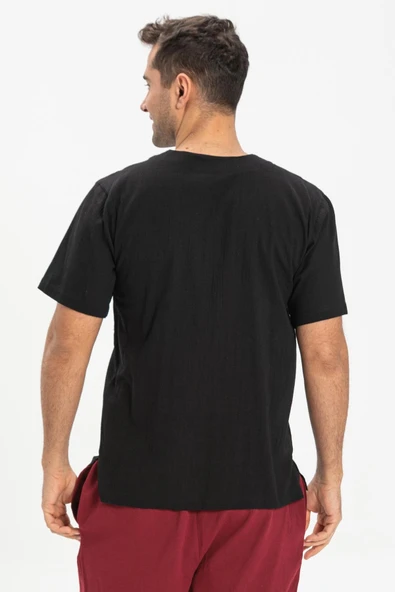 Kısa Kol Şile Bezi Bisiklet Yaka Erkek Yazlık Tshirt Siyah 3003 - 2