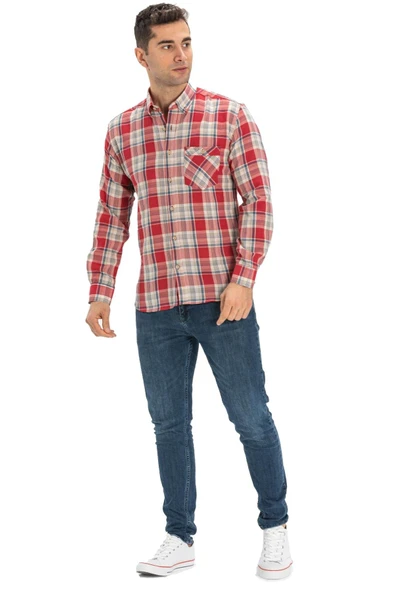 Uzun Kol Dar Kalıp Şile Bezi Tek Cepli Erkek Yazlık Gömlek Kırmızı Lacivert Ekose 3057 - Resim 6