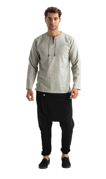 Uzun Kol Şile Bezi Zımbalı Erkek Yazlık Tshirt Taş 3031 - 6