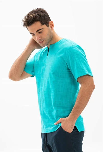 Kısa Kol Şile Bezi Bisiklet Yaka Erkek Yazlık Tshirt Turkuaz 3054 - 3