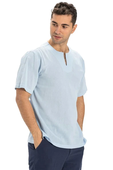 Kısa Kol Şile Bezi Bisiklet Yaka Erkek Yazlık Tshirt Buz Mavi 3027 - 5