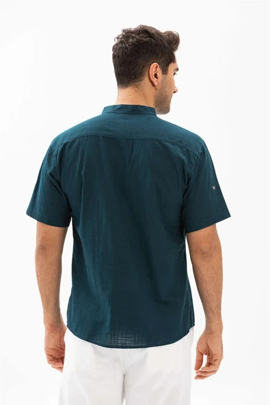 Kısa Kol Şantuklu Pamuk Bodrum Erkek Yazlık Tshirt Koyu Petrol 3069 - Resim 2
