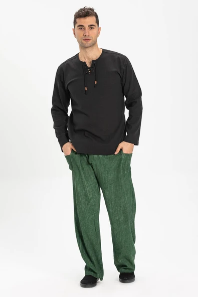 Uzun Kol Şile Bezi Zımbalı Erkek Yazlık Tshirt Siyah 3003 ürün görseli