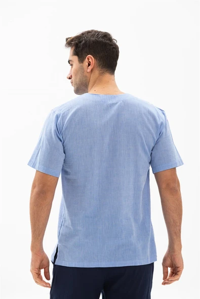 Kısa Kol Şile Bezi Bisiklet Yaka Erkek Yazlık Tshirt Mavi 3032 - Resim 2