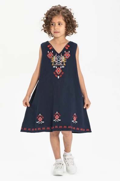 Gökçe Şile Bezi Kız Çocuk Yazlık Elbise Lacivert Lcvt 2-3 Yaş Lacivert - 4