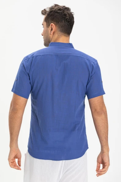 Kısa Kol Şantuklu Pamuk Bodrum Yazlık Erkek Gömlek Saks 3050 - 2