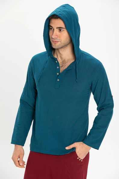 Şile Bezi Kapüşonlu Erkek Yazlık Sweatshirt Petrol Ptrl S Petrol - 4