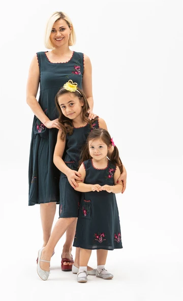 Burçak Şile Bezi Kız Çocuk Yazlık Elbise Petrol Ptrl - Resim 4