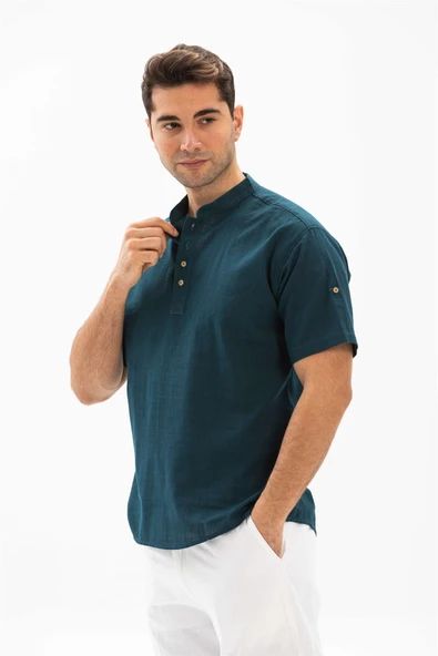 Kısa Kol Şantuklu Pamuk Bodrum Erkek Yazlık Tshirt Koyu Petrol 3069 - Resim 3