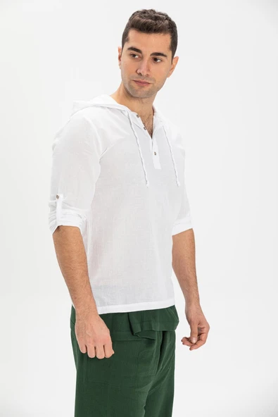 Şile Bezi Kapüşonlu Erkek Yazlık Sweatshirt Beyaz Byz S Beyaz - 4