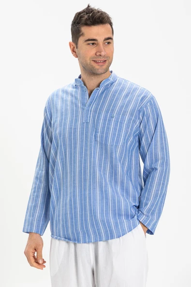 Uzun Kol Şile Bezi Tek Cepli Hakim Yaka Erkek Yazlık Tshirt Mavi Beyaz Çizgili 3019