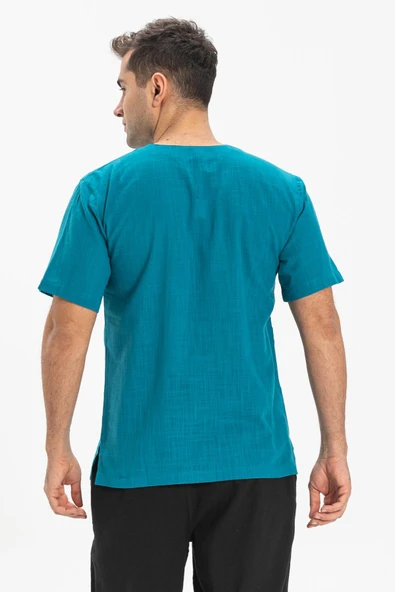 Kısa Kol Şile Bezi Bisiklet Yaka Erkek Yazlık Tshirt Petrol 3053 - 2