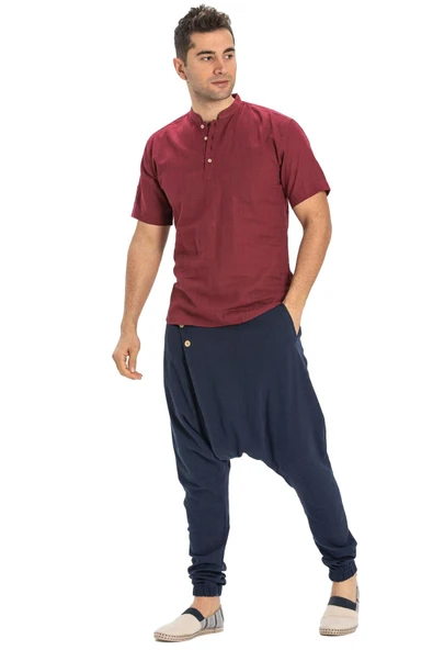 Kısa Kol Şantuklu Pamuk Bodrum Erkek Yazlık Tshirt Koyu Bordo 3068 - Resim 5