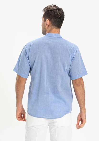 Kısa Kol Şile Bezi Tek Cepli Hakim Yaka Erkek Yazlık Tshirt Mavi 3032 - 2