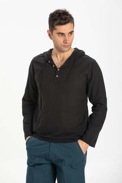 Şile Bezi Kapüşonlu Erkek Yazlık Sweatshirt Siyah Syh S Siyah - 3