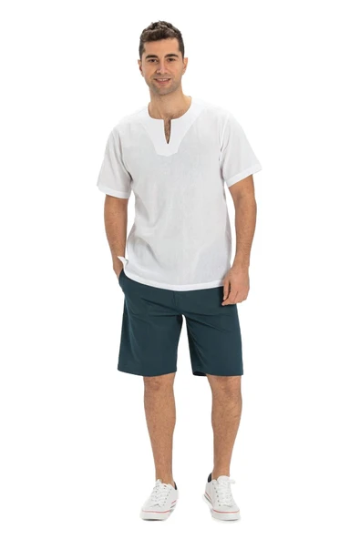 Kısa Kol Şile Bezi Bisiklet Yaka Erkek Yazlık Tshirt Beyaz 3001 - Resim 5