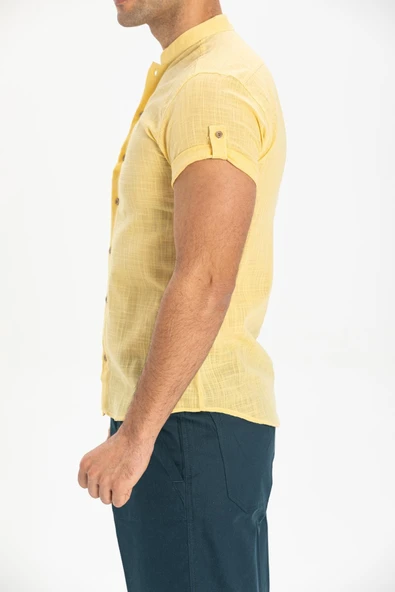 Kısa Kol Şantuklu Pamuk Bodrum Yazlık Erkek Gömlek Sarı 3073 - Resim 3