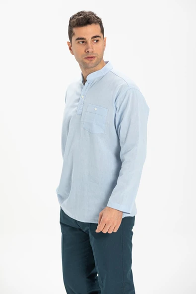 Uzun Kol Şile Bezi Tek Cepli Hakim Yaka Erkek Yazlık Tshirt Buz Mavi 3027 S Buz Mavi - 5