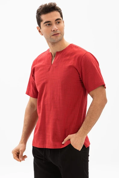 Kısa Kol Şile Bezi Bisiklet Yaka Erkek Yazlık Tshirt Kırmızı 3051 - 1