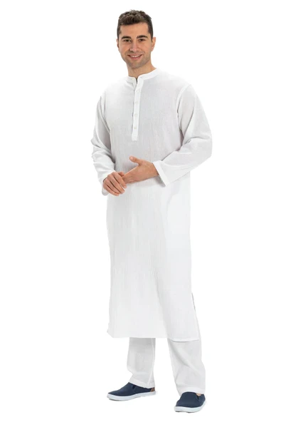 Uzun Kol Şile Bezi Erkek Hac ve Umre Elbisesi Beyaz Byz S Beyaz - 6