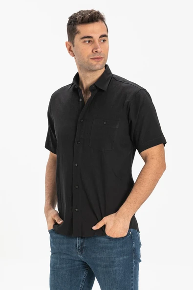 Kısa Kol Şile Bezi Tek Cepli Erkek Yazlık Gömlek Siyah 3003 - Resim 3