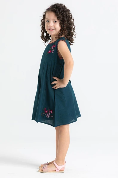 Burçak Şile Bezi Kız Çocuk Yazlık Elbise Petrol Ptrl - Resim 3