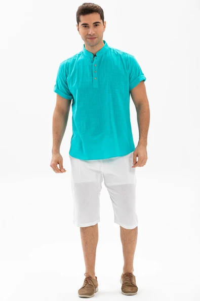 Kısa Kol Şantuklu Pamuk Bodrum Erkek Yazlık Tshirt Turkuaz 3054 - 4