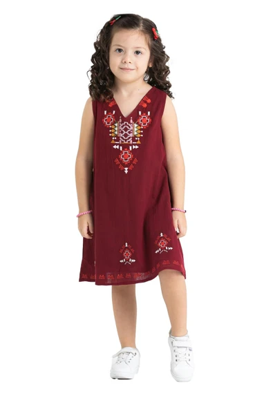 Gökçe Şile Bezi Kız Çocuk Yazlık Elbise Bordo Brd 2-3 Yaş Bordo - 6