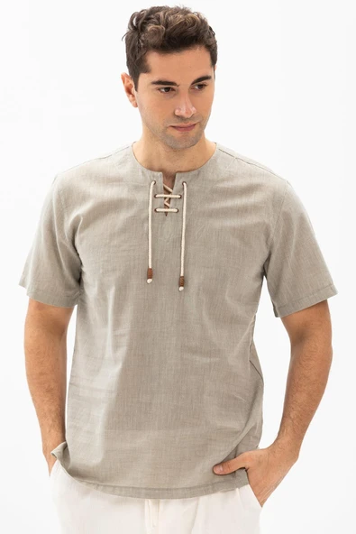 Kısa Kol Şile Bezi Zımbalı Erkek Yazlık Tshirt Taş 3031 - 1