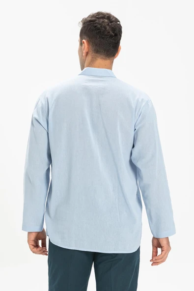 Uzun Kol Şile Bezi Tek Cepli Hakim Yaka Erkek Yazlık Tshirt Buz Mavi 3027 S Buz Mavi - 2