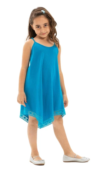 Çağla Şile Bezi Kız Çocuk Yazlık Elbise Turkuaz Trkz - 5