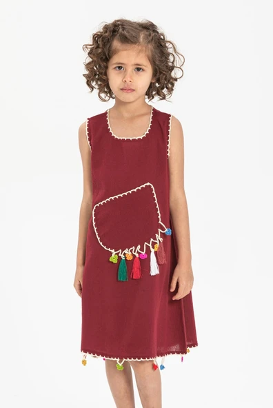 Mine Şile Bezi Çocuk Yazlık Elbise Bordo Brd - Resim 3
