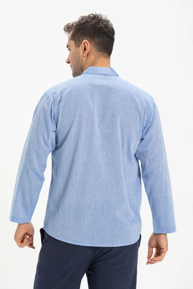 Uzun Kol Şile Bezi Tek Cepli Hakim Yaka Erkek Yazlık Tshirt Mavi 3032 - 2