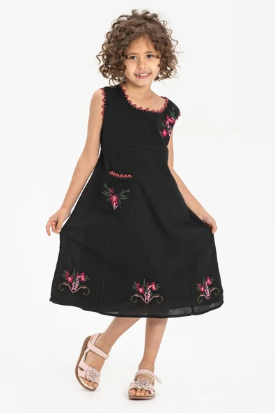 Burçak Şile Bezi Kız Çocuk Yazlık Elbise Siyah Syh 2-3 Yaş Siyah - 3