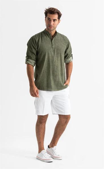 Uzun Kol Şantuklu Pamuk Bodrum Erkek Yazlık Tshirt Haki 9008 S Haki - 5