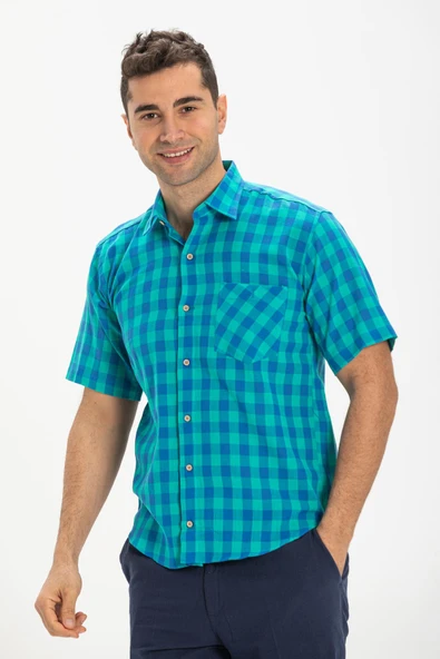Kısa Kol Şile Bezi Tek Cepli Erkek Yazlık Gömlek Mint Kareli 3033 - 4