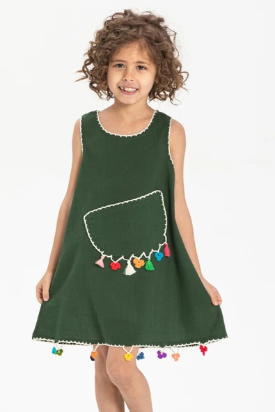 Mine Şile Bezi Çocuk Yazlık Elbise Yeşil Ysl - Resim 3