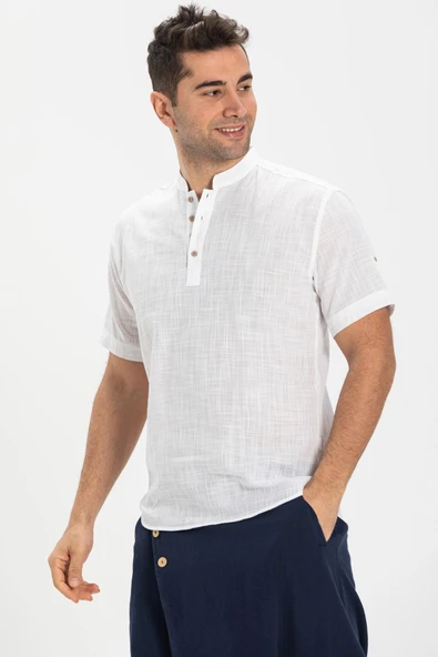 Kısa Kol Şantuklu Pamuk Bodrum Erkek Yazlık Tshirt Beyaz 3001 - 3