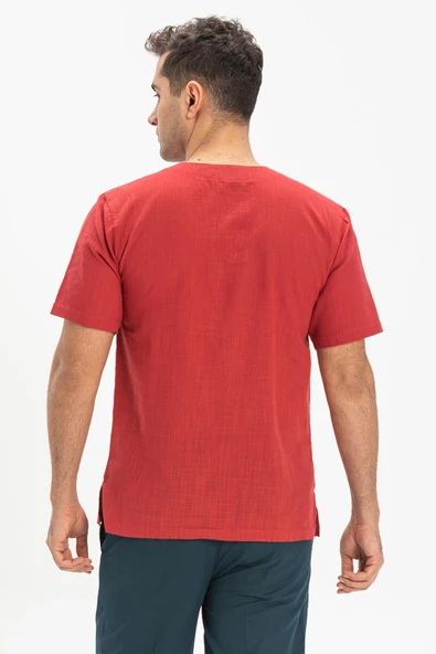 Kısa Kol Şile Bezi Zımbalı Erkek Yazlık Tshirt Kırmızı 3051 - 2