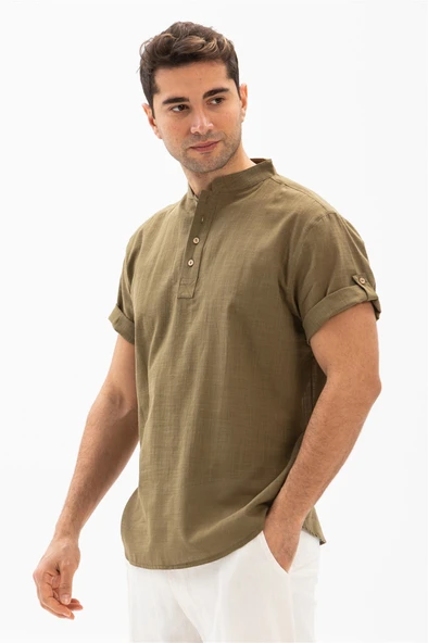 Kısa Kol Şantuklu Pamuk Bodrum Erkek Yazlık Tshirt Haki 3049 - Resim 3