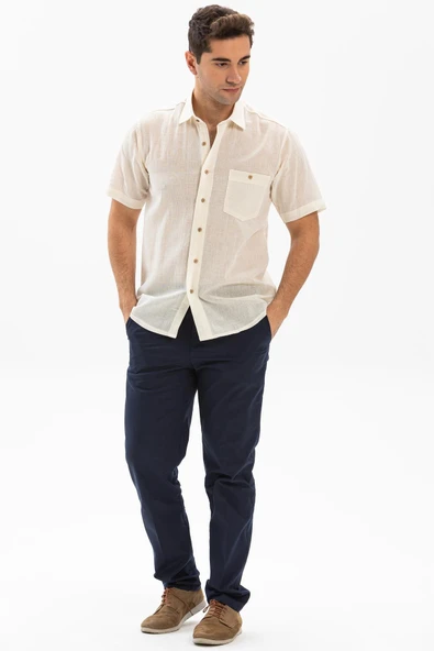 Kısa Kol Şile Bezi Tek Cepli Erkek Yazlık Gömlek Krem 3002 - 3