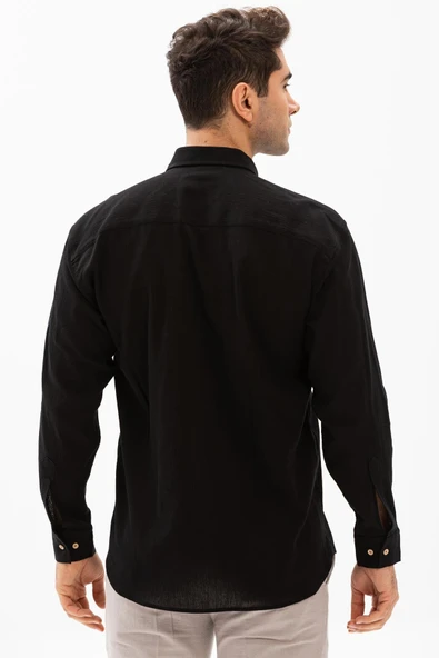 Uzun Kol Şile Bezi Tek Cepli Erkek Yazlık Gömlek Siyah 3003 - 2