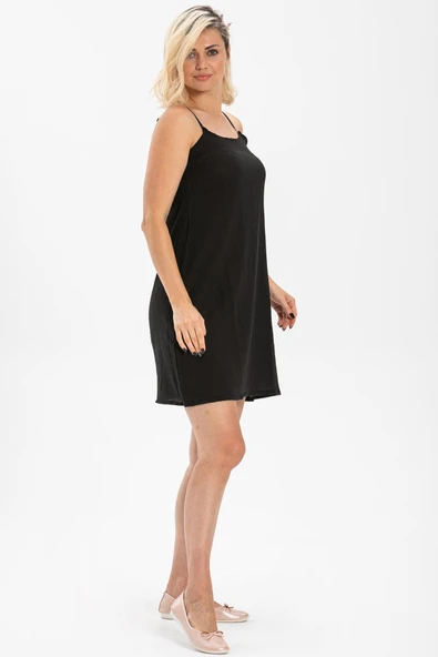 Pamuk Kombinezon Şile Bezi Kısa Elbise İç Astarı Ayarlanabilir İp Askılı Jüpon Siyah Syh - 4