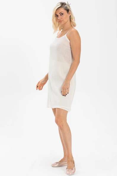 Pamuk Kombinezon Şile Bezi Kısa Elbise İç Astarı Ayarlanabilir İp Askılı Jüpon Krem Krm - 3